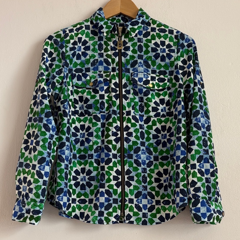 Michael Kors Blue and Green Patterned Utility Jacket